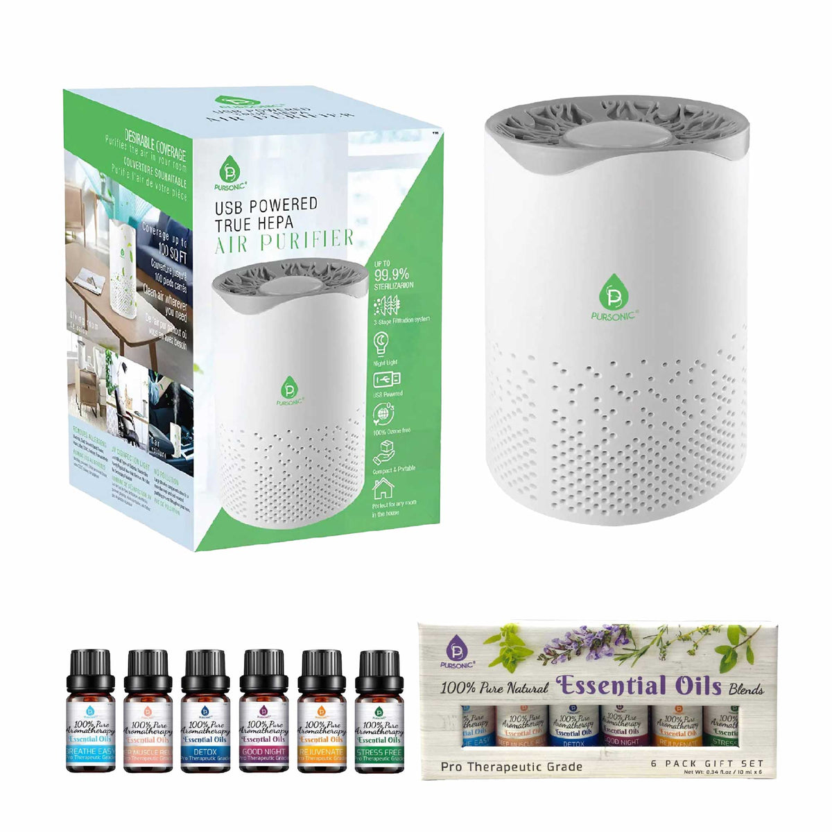 Pursonic Air Purifier with 6-Pack Premium Essential Oils Collection
